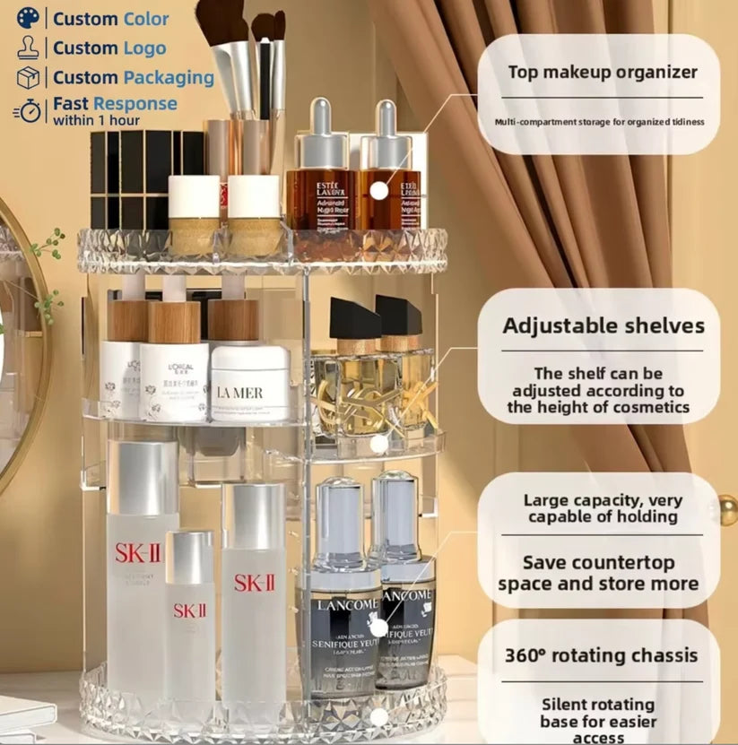 360° Rotating Makeup Organizer – Large Capacity Acrylic Storage Tower